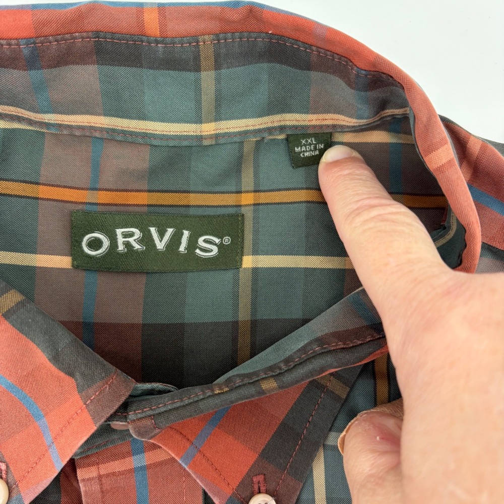 Orvis Mens XXL Plaid Button Down Shirt Red Green Cotton Long Sleeve Pocket - Picture 4 of 9